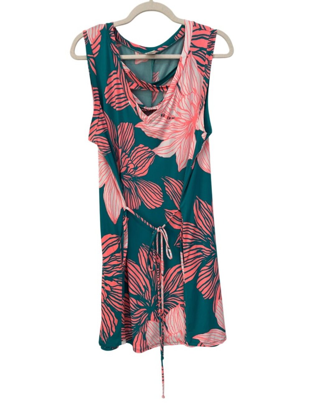 Sew In Love Mini Dress XL Criss Cross Neck Tie Waist Teal Peach Bohemian